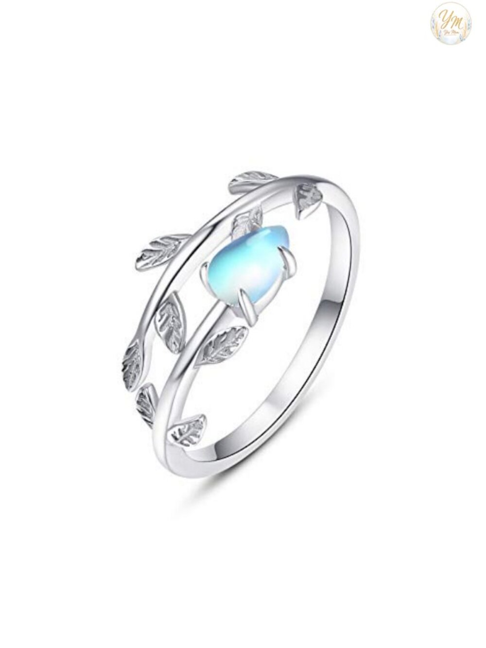925 Sterling Silver Leaf Ring with White Opal Moonstone, Adjustable Size 7-9,